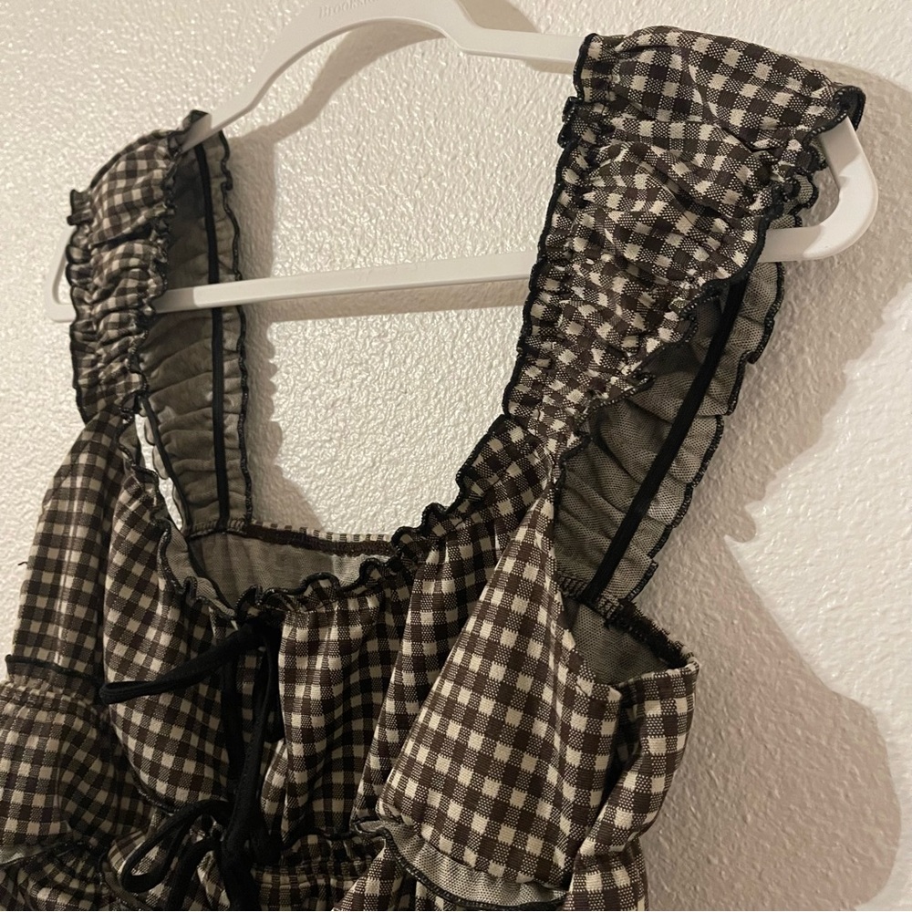 Cider Brown and White Womens Checkered Gingham Ruffle Blouse XL - Picture 3 of 9